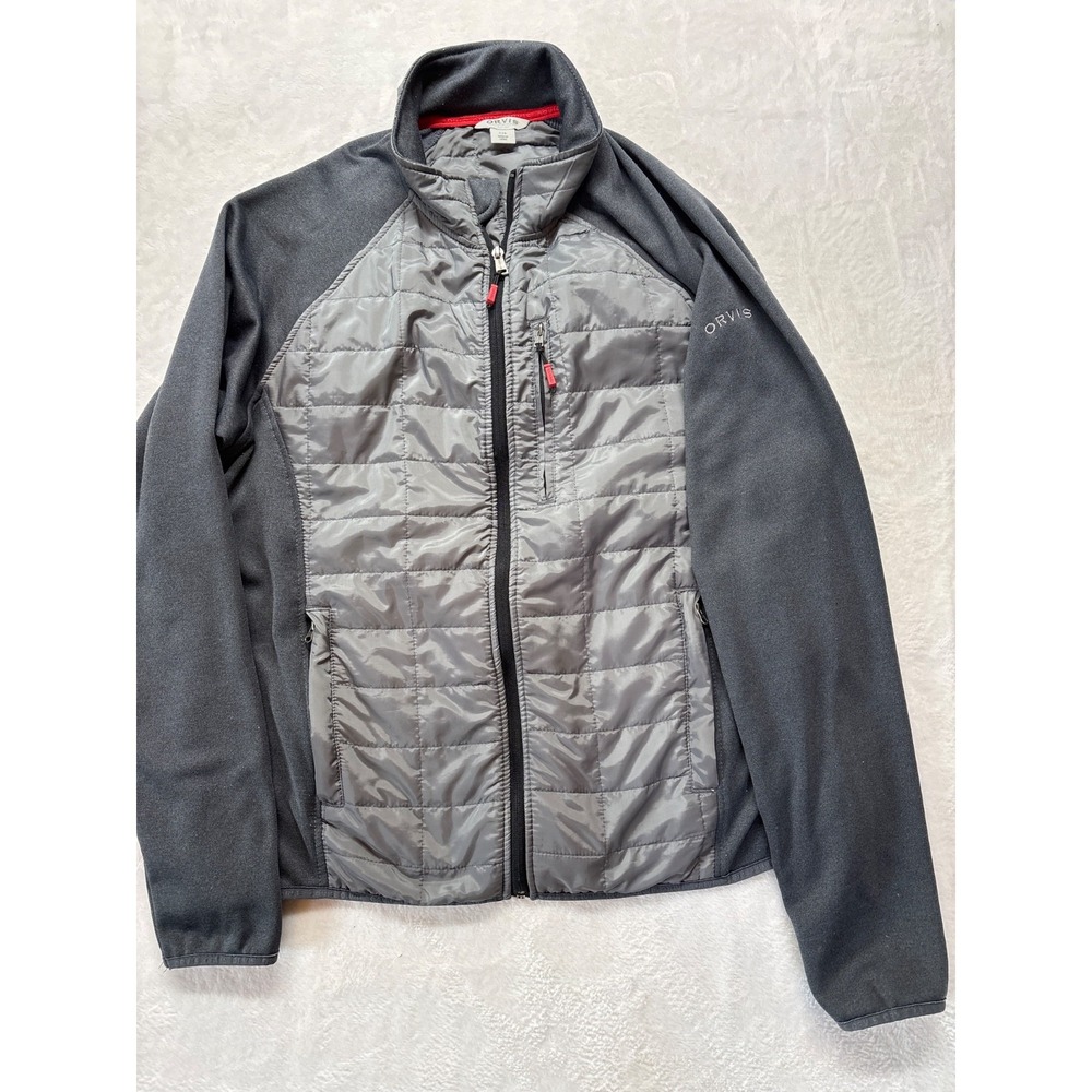 Orvis Men's Dark Gray Quilted Hybrid Puffer Jacket with Red Trim
